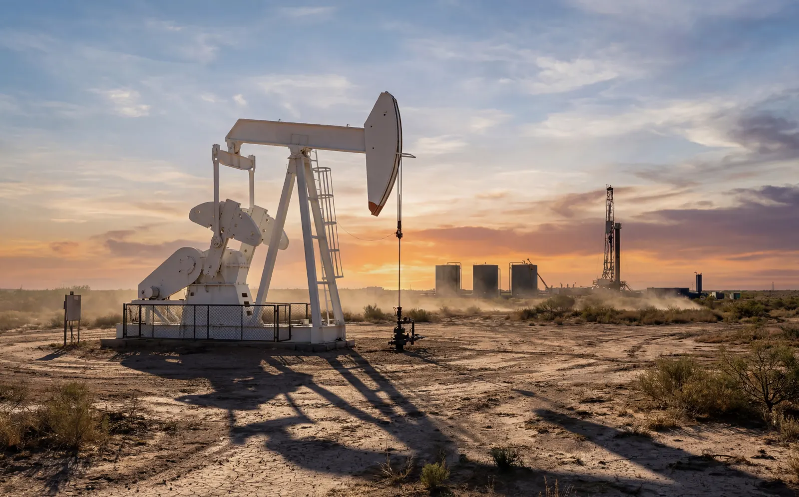 Pumpjack and drilling infrastructure at sunset